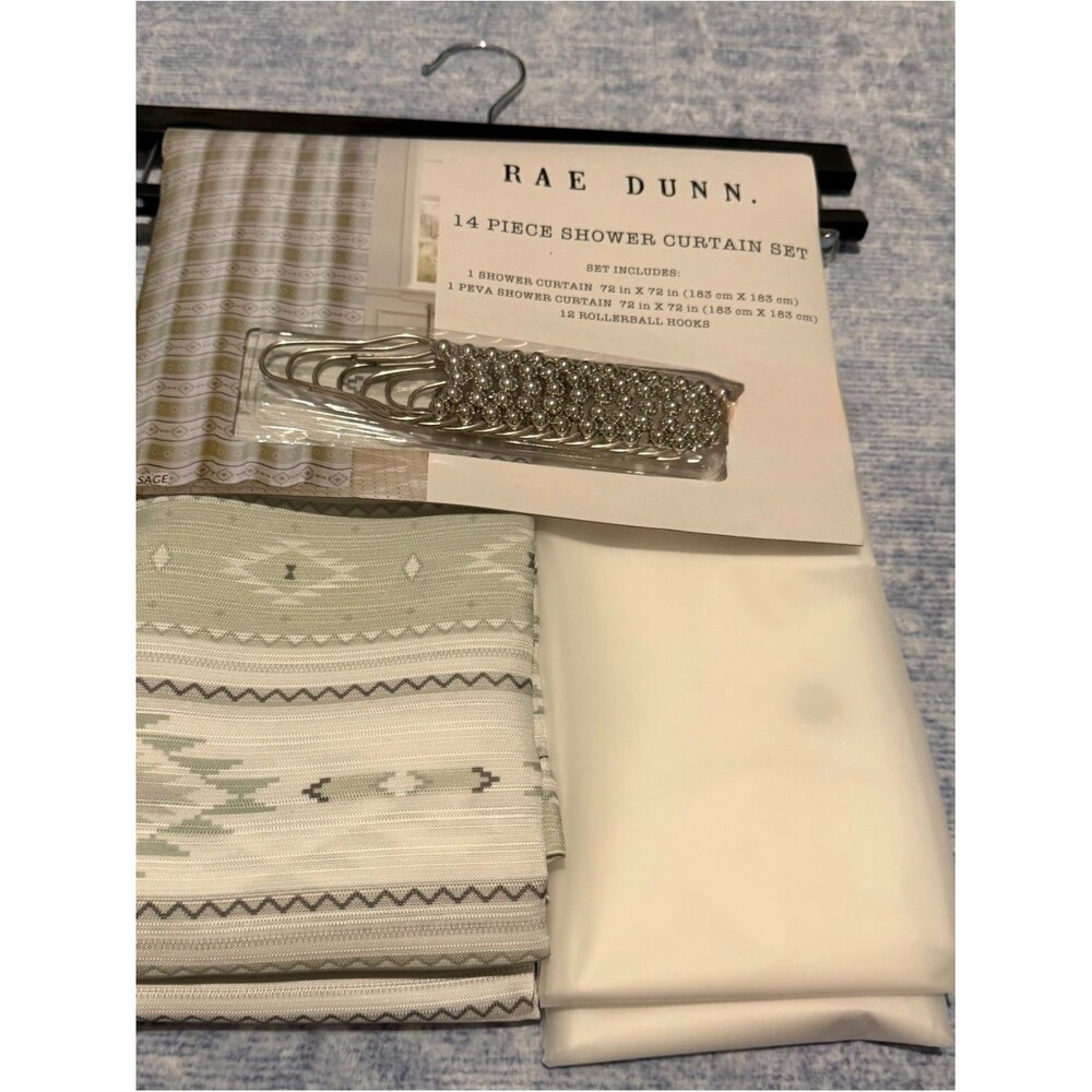 Rae Dunn Sage and White Patterned 14-Piece Shower Curtain Set